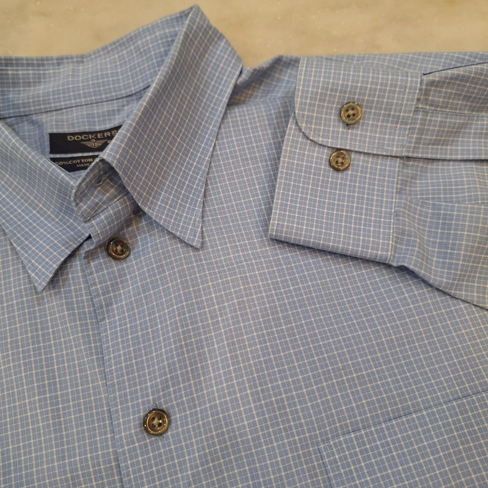 Dockers Button Down Shirt Mens Large Blue White Micro Check Long Sleeve Office